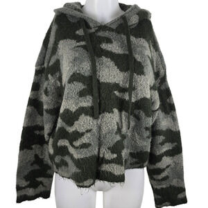 Victoria Secret Pink Green Camouflage Tight Knit Fuzzy Hooded Pullover Jacket L